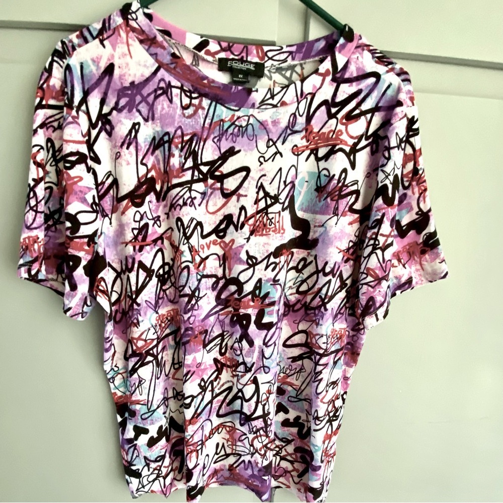 Rouge Collection Women's Multi Color Graffiti Print Tee Size 2X